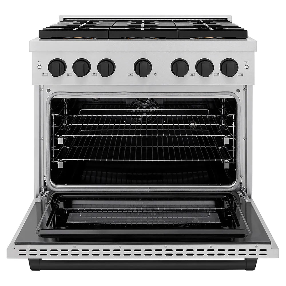 ZLINE Autograph Edition Paramount 36-inch range in satin stainless steel and matte black accents PSDRSZ-36-MB, front view