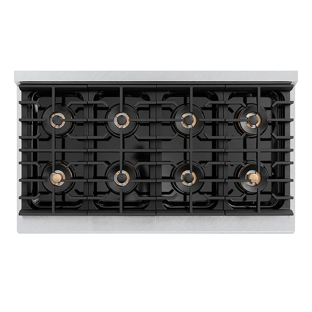 ZLINE Autograph Edition Paramount 48-inch range in satin stainless steel and champagne bronze accents PSDRSZ-48-CB, from above