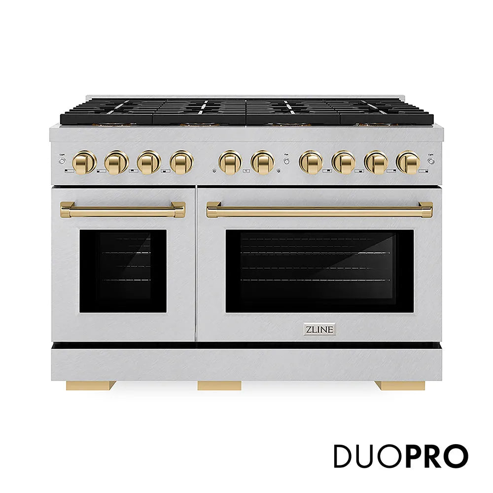 ZLINE Autograph Edition Paramount 48-inch range in satin stainless steel and polished gold accents PSDRSZ-48-G