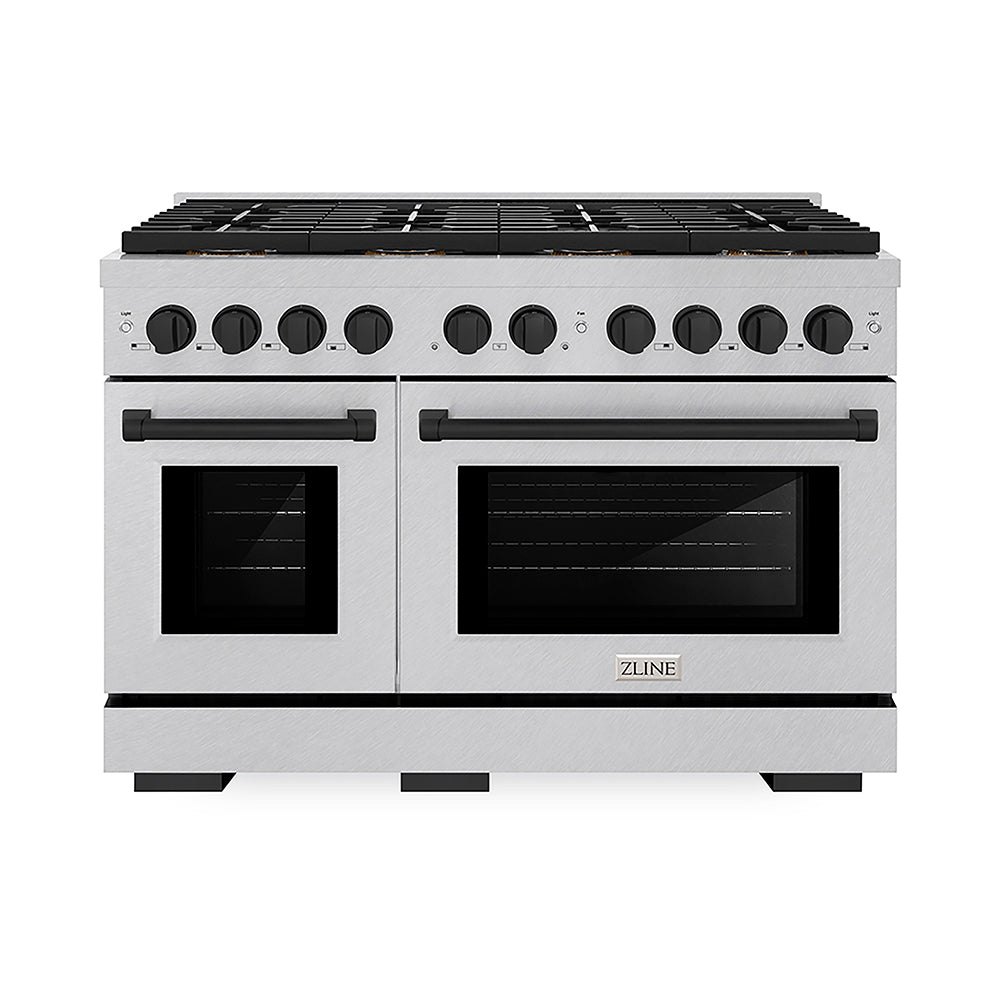 ZLINE Autograph Edition Paramount 48-inch range in satin stainless steel and matte black accents PSDRSZ-48-MB, front view