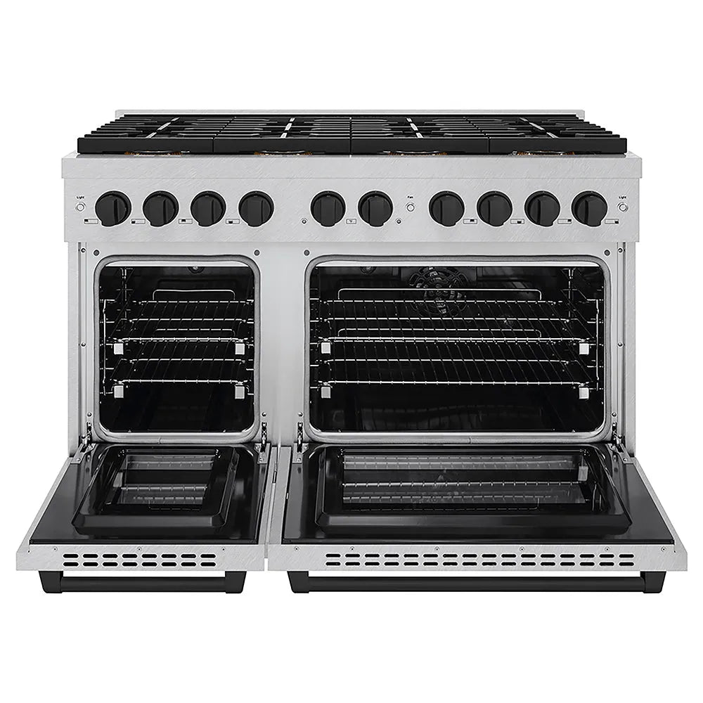 ZLINE Autograph Edition Paramount 48-inch range in satin stainless steel and matte black accents PSDRSZ-48-MB, front view