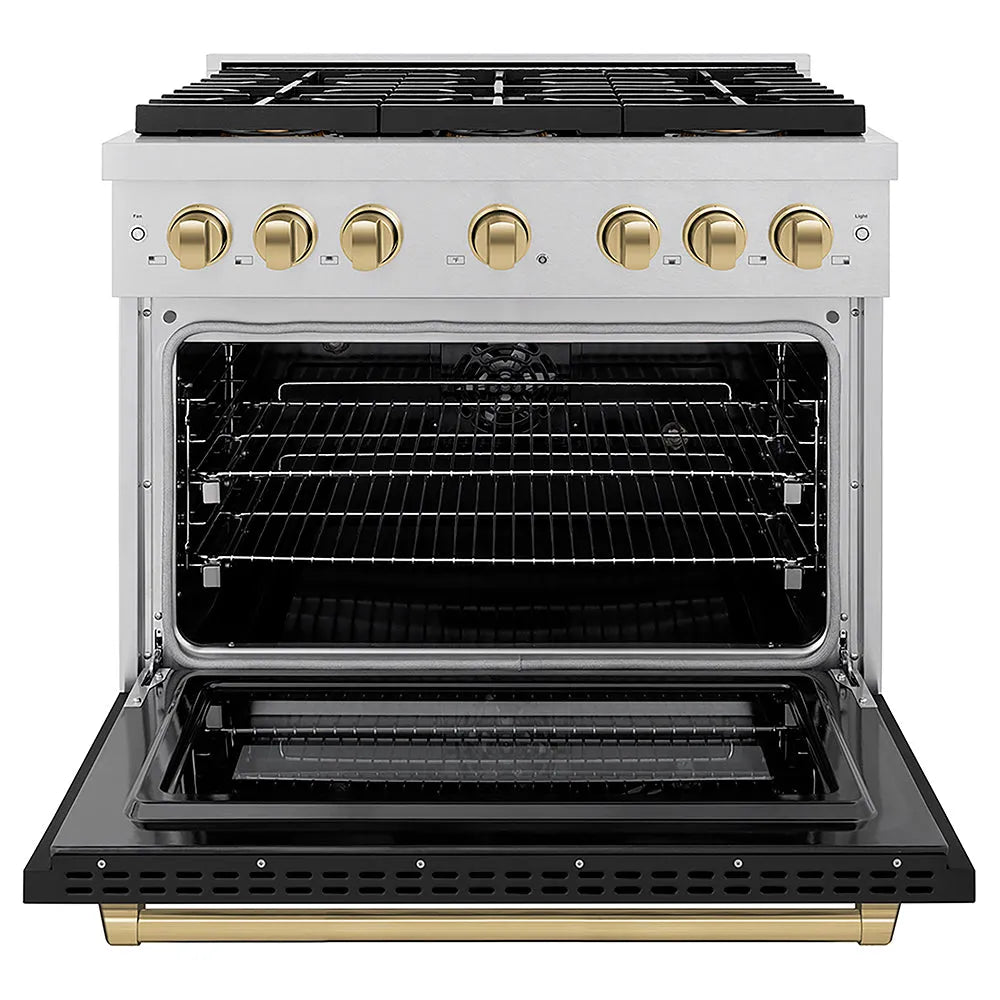 ZLINE Autograph Edition Paramount 36-inch range in satin stainless steel with black matte door and champagne bronze accents PSDRSZ-BLM36-CB, front view
