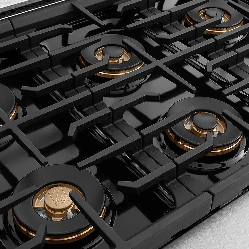 ZLINE Autograph Edition Paramount 36-inch range in satin stainless steel with black matte door and polished gold accents PSDRSZ-BLM36-G, from above