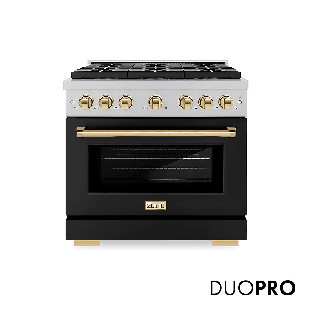 ZLINE Autograph Edition Paramount 36-inch range in satin stainless steel with black matte door and polished gold accents PSDRSZ-BLM36-G