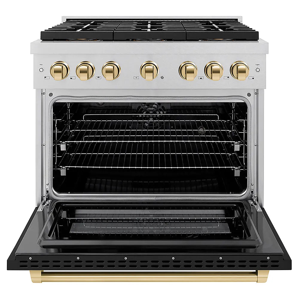 ZLINE Autograph Edition Paramount 36-inch range in satin stainless steel with black matte door and polished gold accents PSDRSZ-BLM36-G, front view