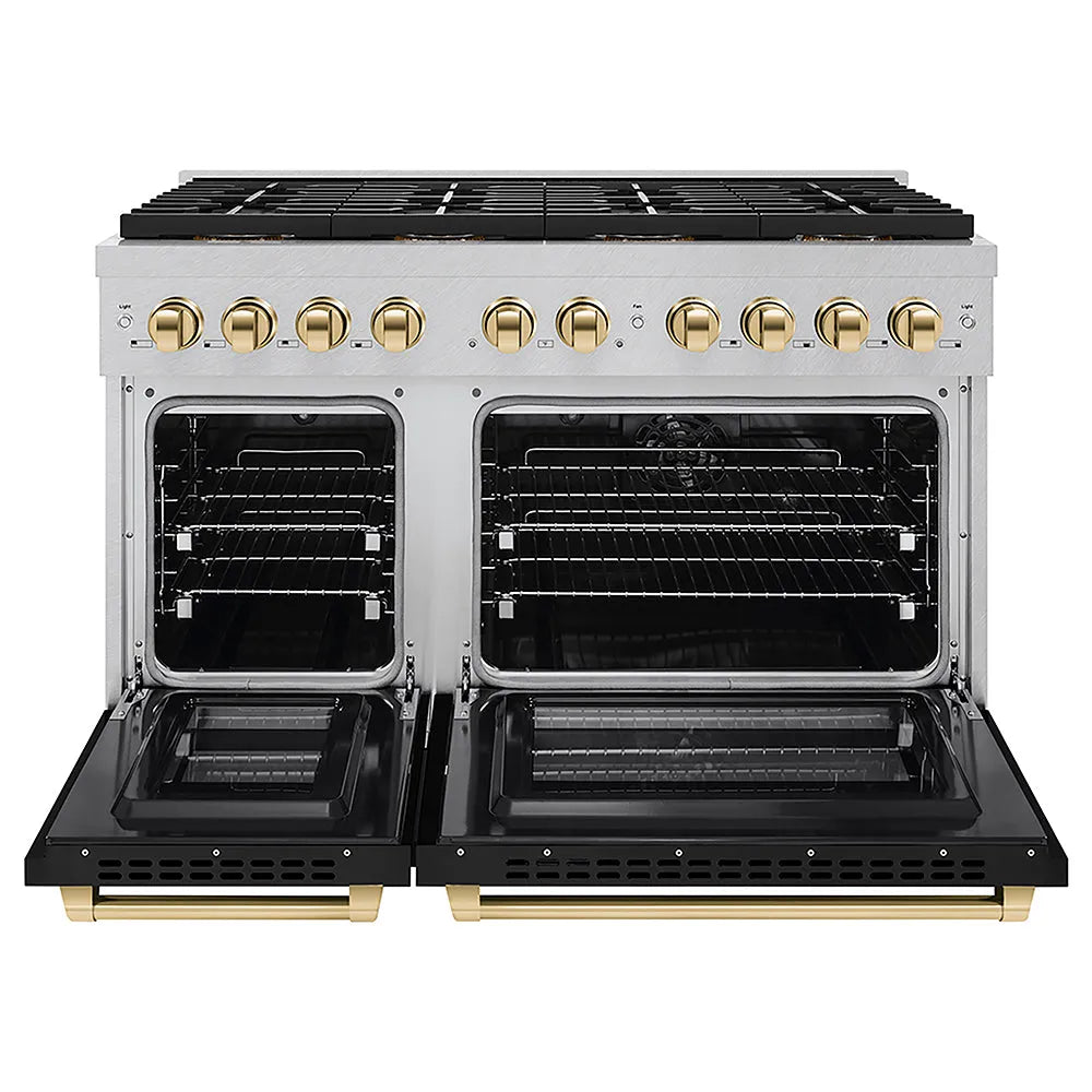 ZLINE Autograph Edition Paramount 48-inch range in satin stainless steel with black matte door and polished gold accents PSDRSZ-BLM48-G, front view