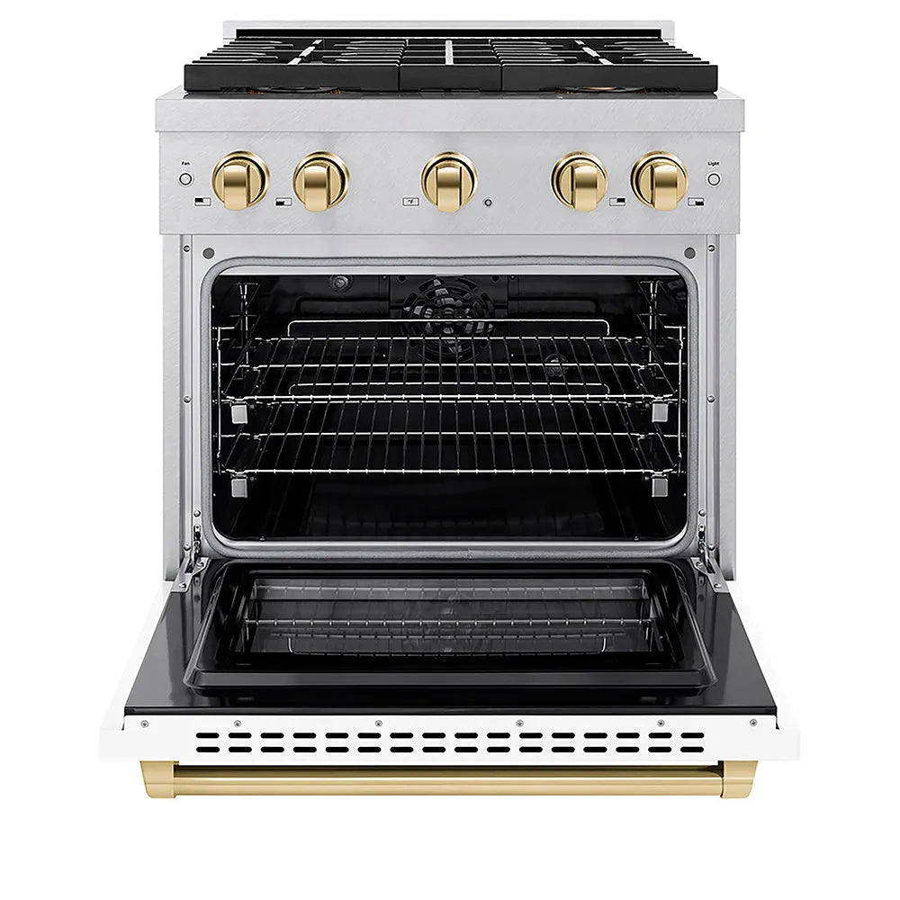 ZLINE Autograph Edition Paramount 30-inch range in satin stainless steel with white matte door and polished gold accents PSDRSZ-WM-30-G, front view