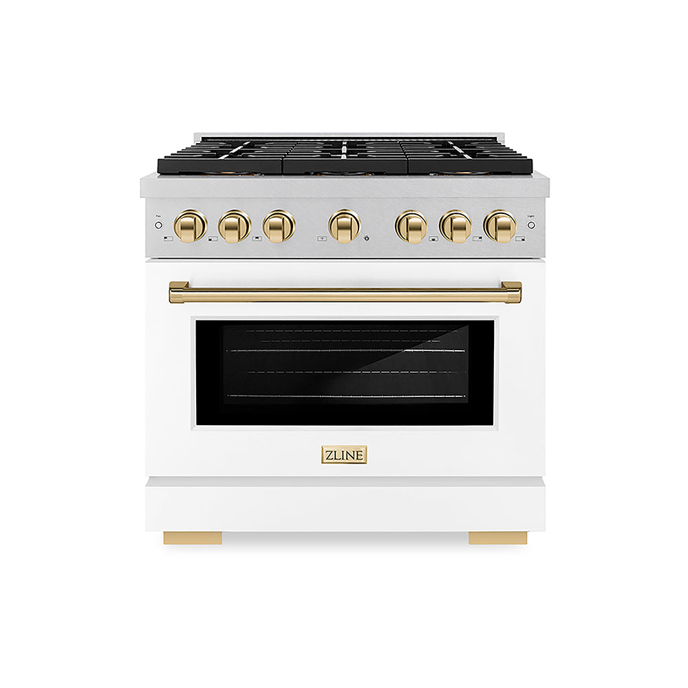 ZLINE Autograph Edition Paramount 36-inch range in satin stainless steel with white matte door and polished gold accents PSDRSZ-WM-36-G, front view