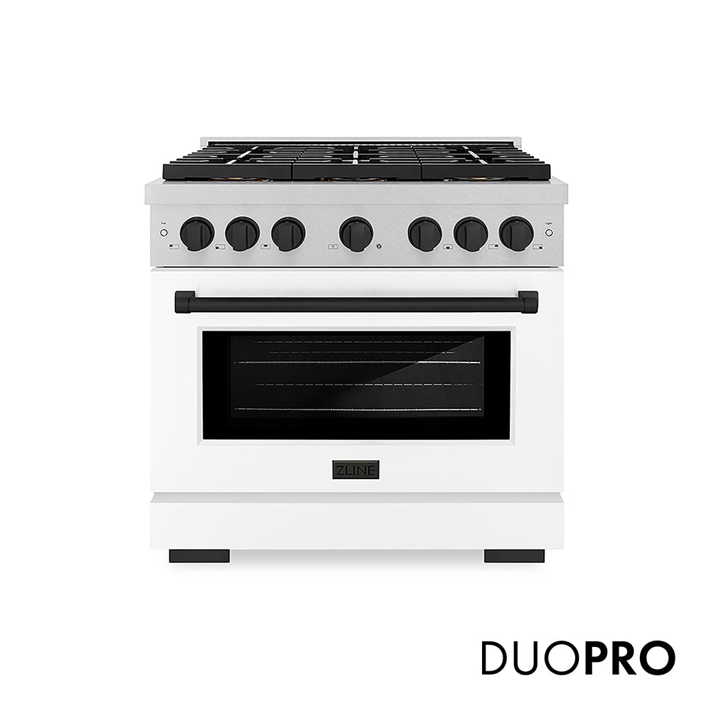 ZLINE Autograph Edition Paramount 36-inch range in satin stainless steel with white matte door and matte black accents PSDRSZ-WM-36-MB