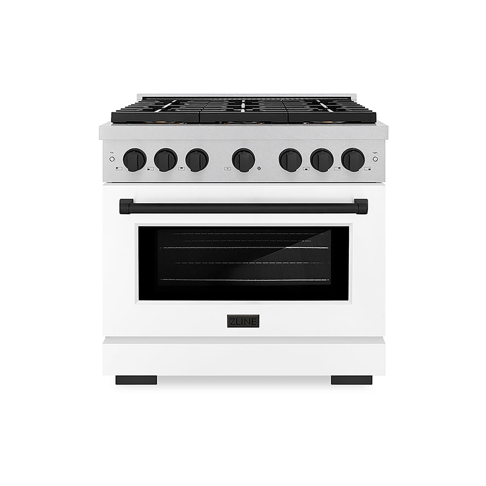 ZLINE Autograph Edition Paramount 36-inch range in satin stainless steel with white matte door and matte black accents PSDRSZ-WM-36-MB, front view