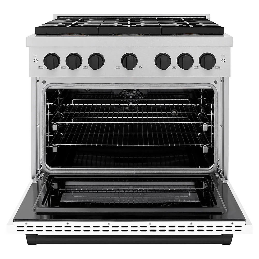 ZLINE Autograph Edition Paramount 36-inch range in satin stainless steel with white matte door and matte black accents PSDRSZ-WM-36-MB, front view