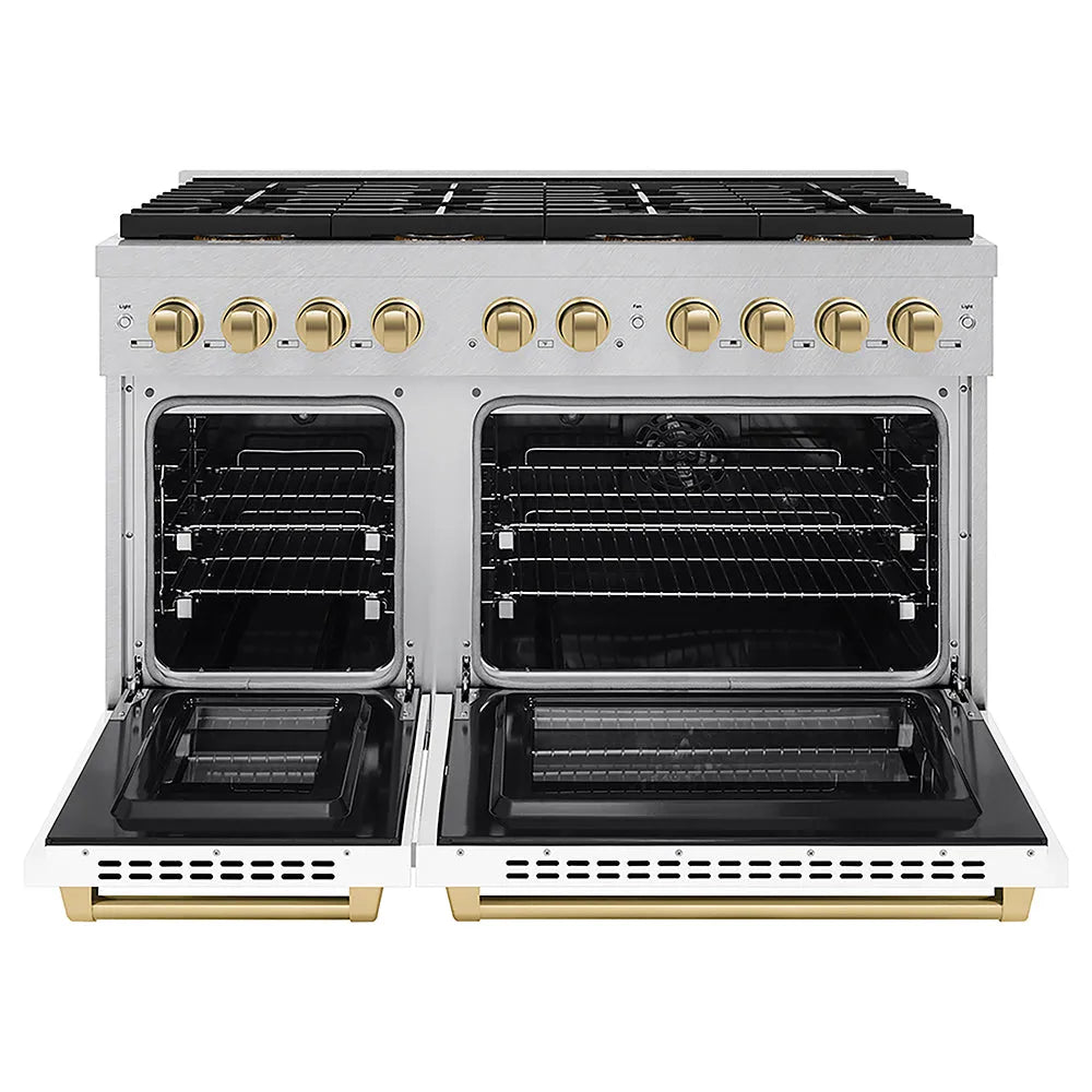 ZLINE Autograph Edition Paramount 48-inch range in satin stainless steel with white matte door and champagne bronze accents PSDRSZ-WM-48-CB, front view
