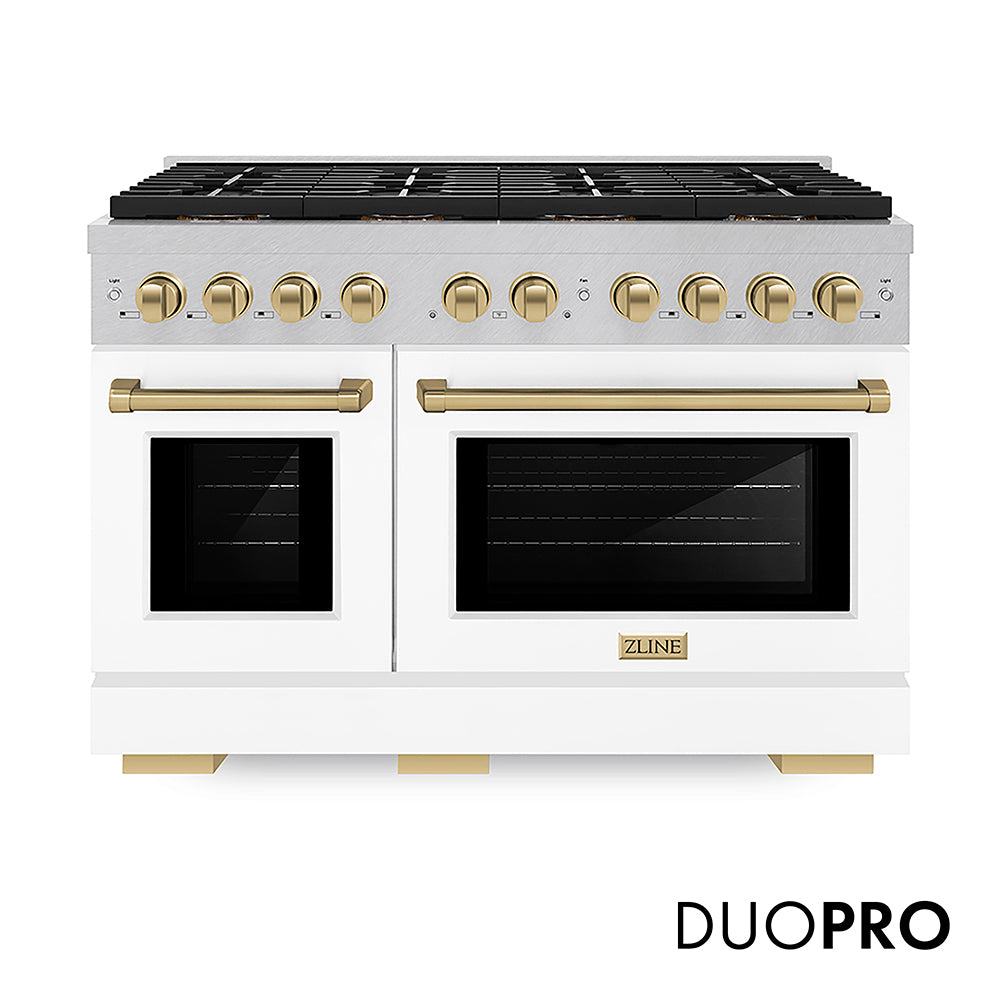 ZLINE Autograph Edition Paramount 48-inch range in satin stainless steel with white matte door and champagne bronze accents PSDRSZ-WM-48-CB