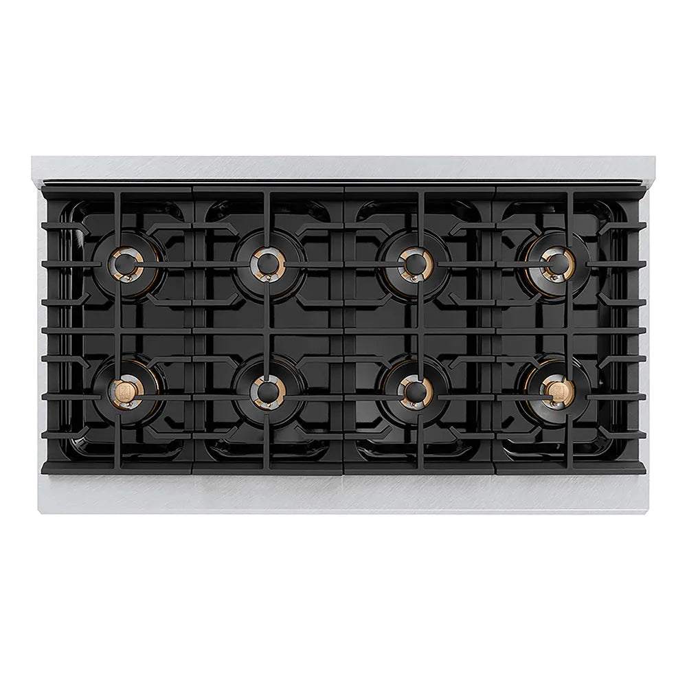 ZLINE Autograph Edition Paramount 48-inch range in satin stainless steel with white matte door and champagne bronze accents PSDRSZ-WM-48-CB, from above