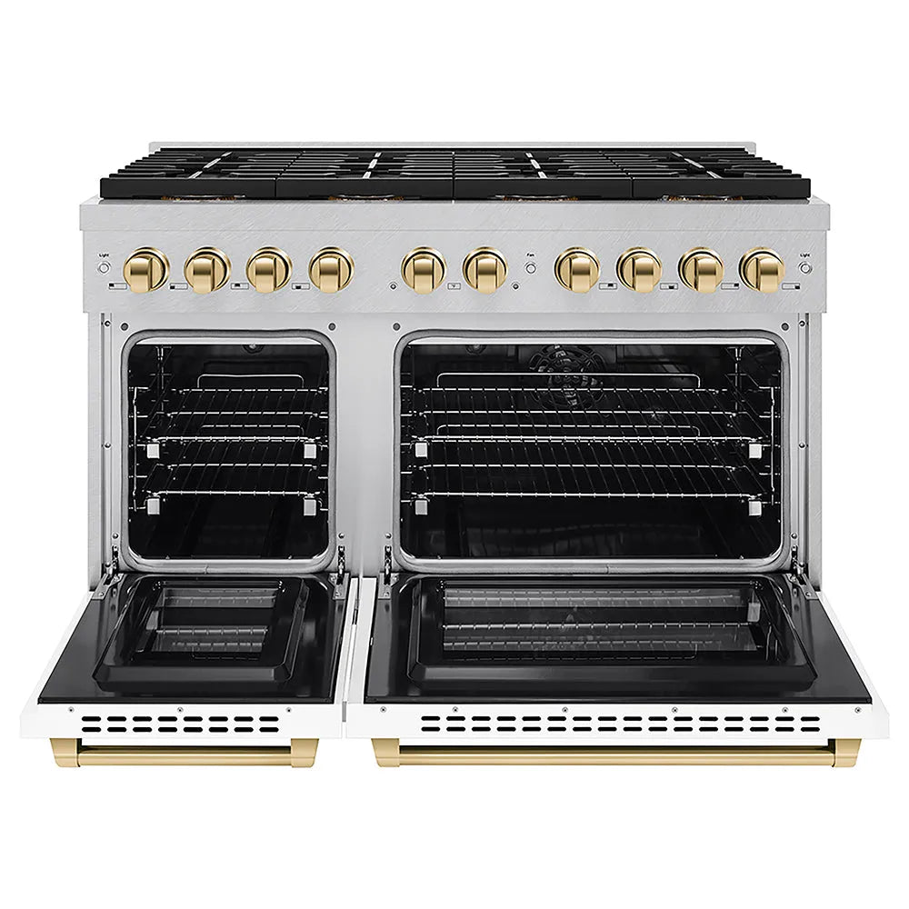 ZLINE Autograph Edition Paramount 48-inch range in satin stainless steel with white matte door and polished gold accents PSDRSZ-WM-48-G, front view