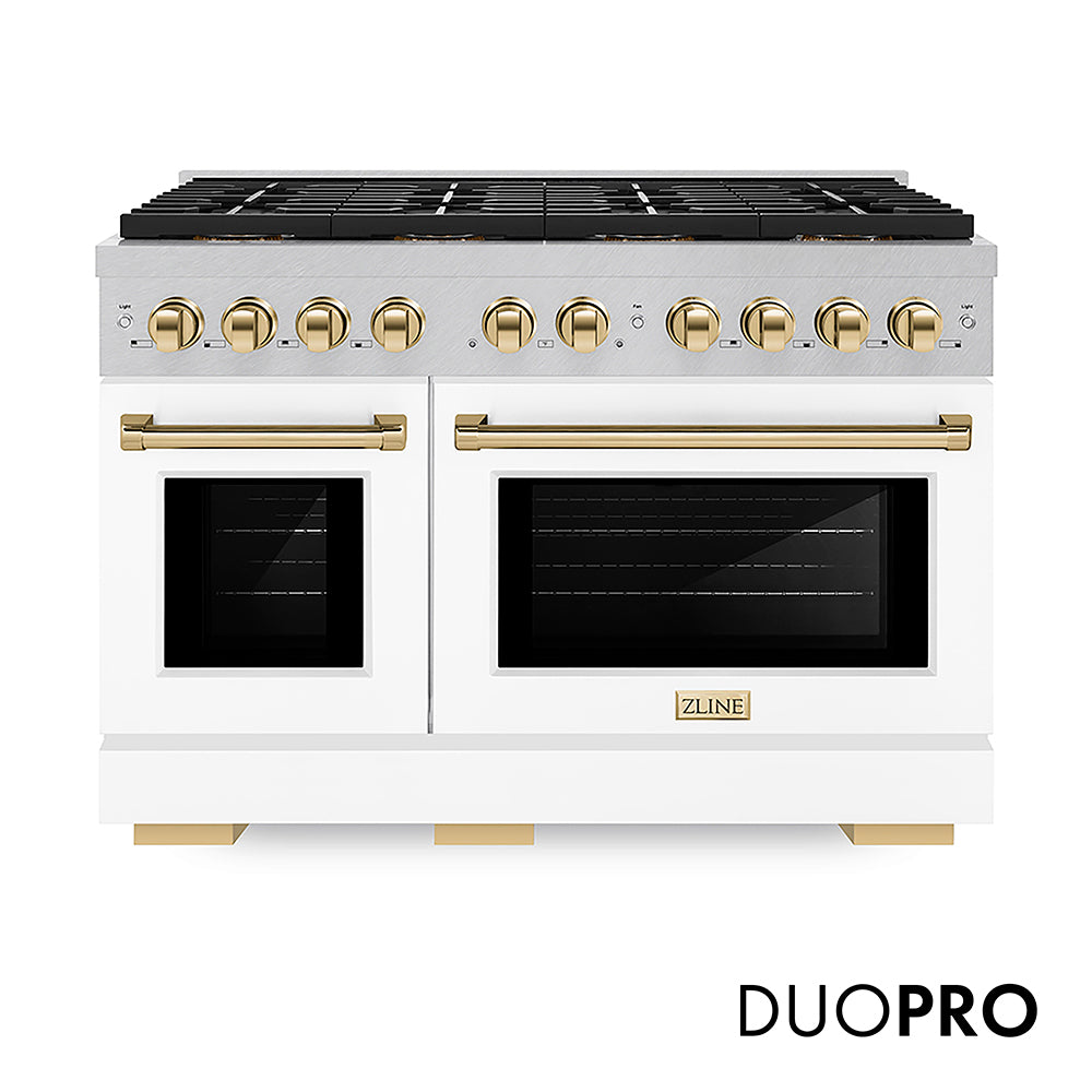 ZLINE Autograph Edition Paramount 48-inch range in satin stainless steel with white matte door and polished gold accents PSDRSZ-WM-48-G