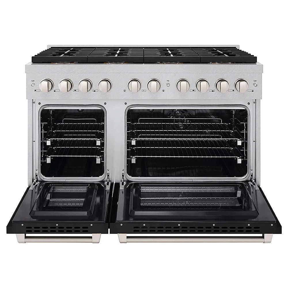 ZLINE Paramount 48-inch range in satin stainless steel with black matte door PSDRS-BLM-48, front view