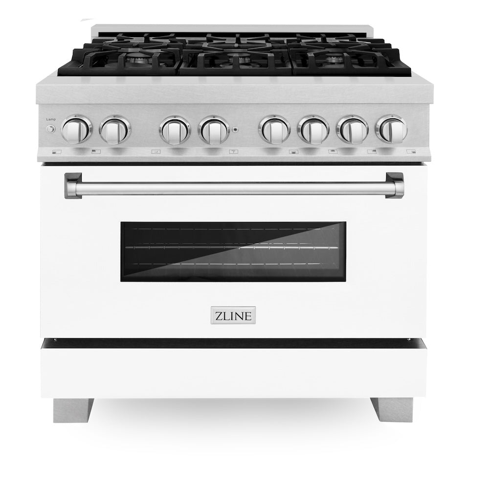 ZLINE Legacy 36-inch range in satin stainless steel with white matte door RAS-WM-36, front view