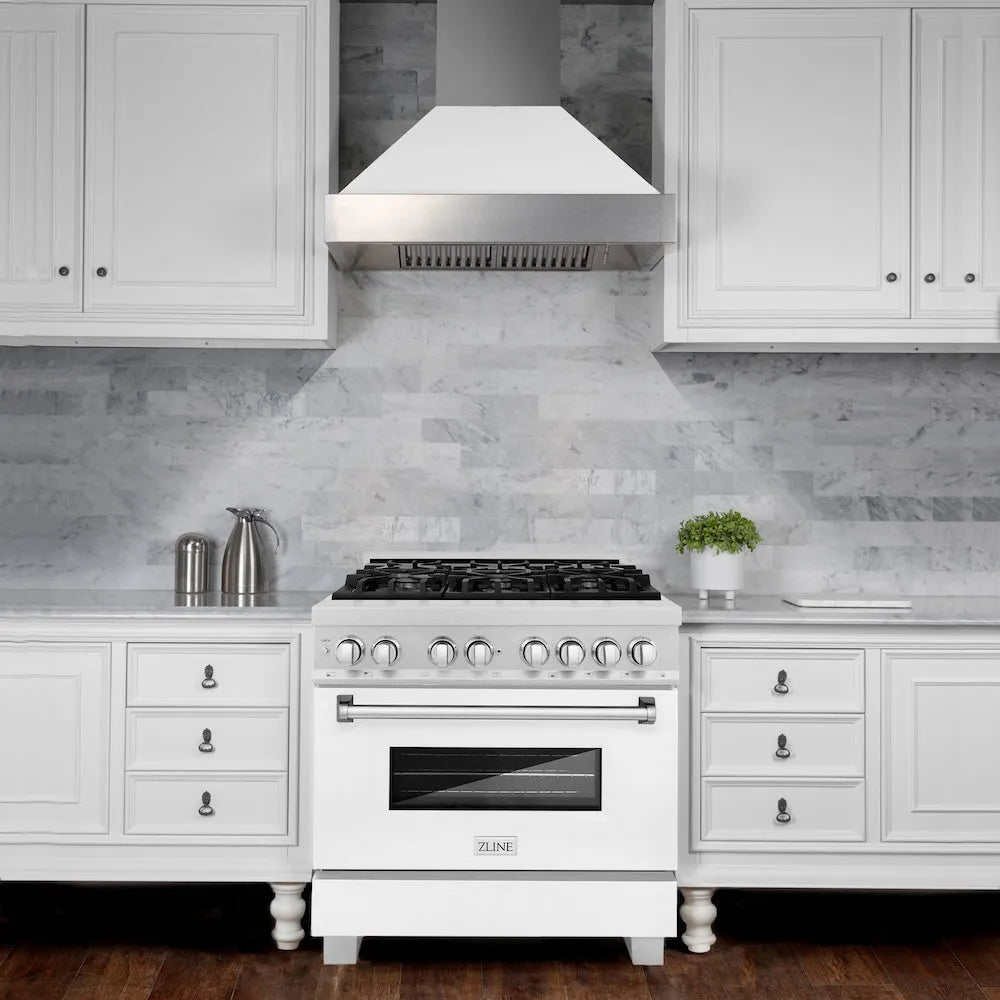ZLINE Legacy 36-inch range in satin stainless steel with white matte door RAS-WM-36, view 2