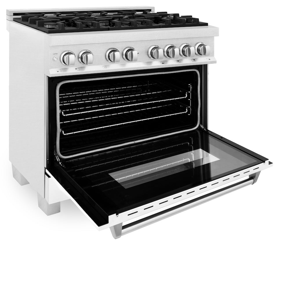 ZLINE Legacy 36-inch range in satin stainless steel with white matte door RAS-WM-36, door open