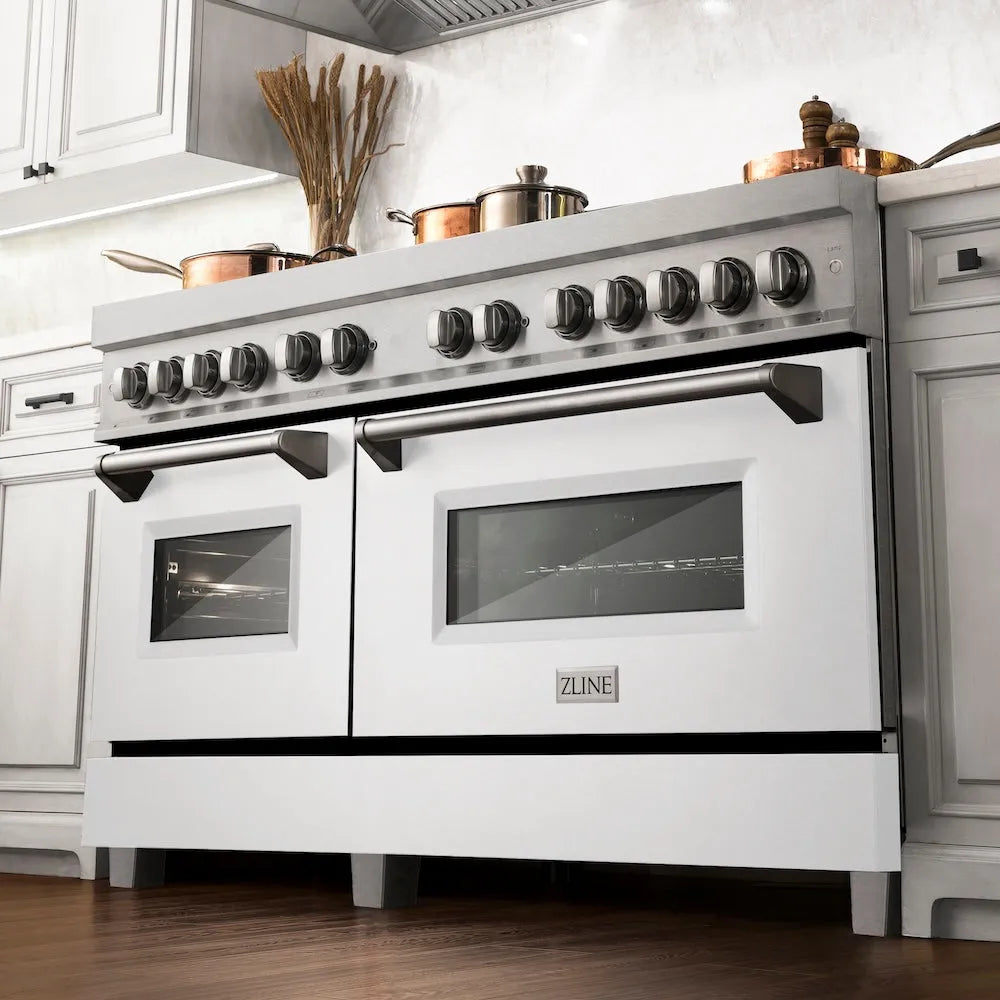 ZLINE Legacy 60-inch range in satin stainless steel with white matte door RAS-WM-60, from above