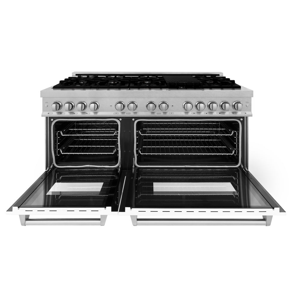 ZLINE Legacy 60-inch range in satin stainless steel with white matte door RAS-WM-60, front view
