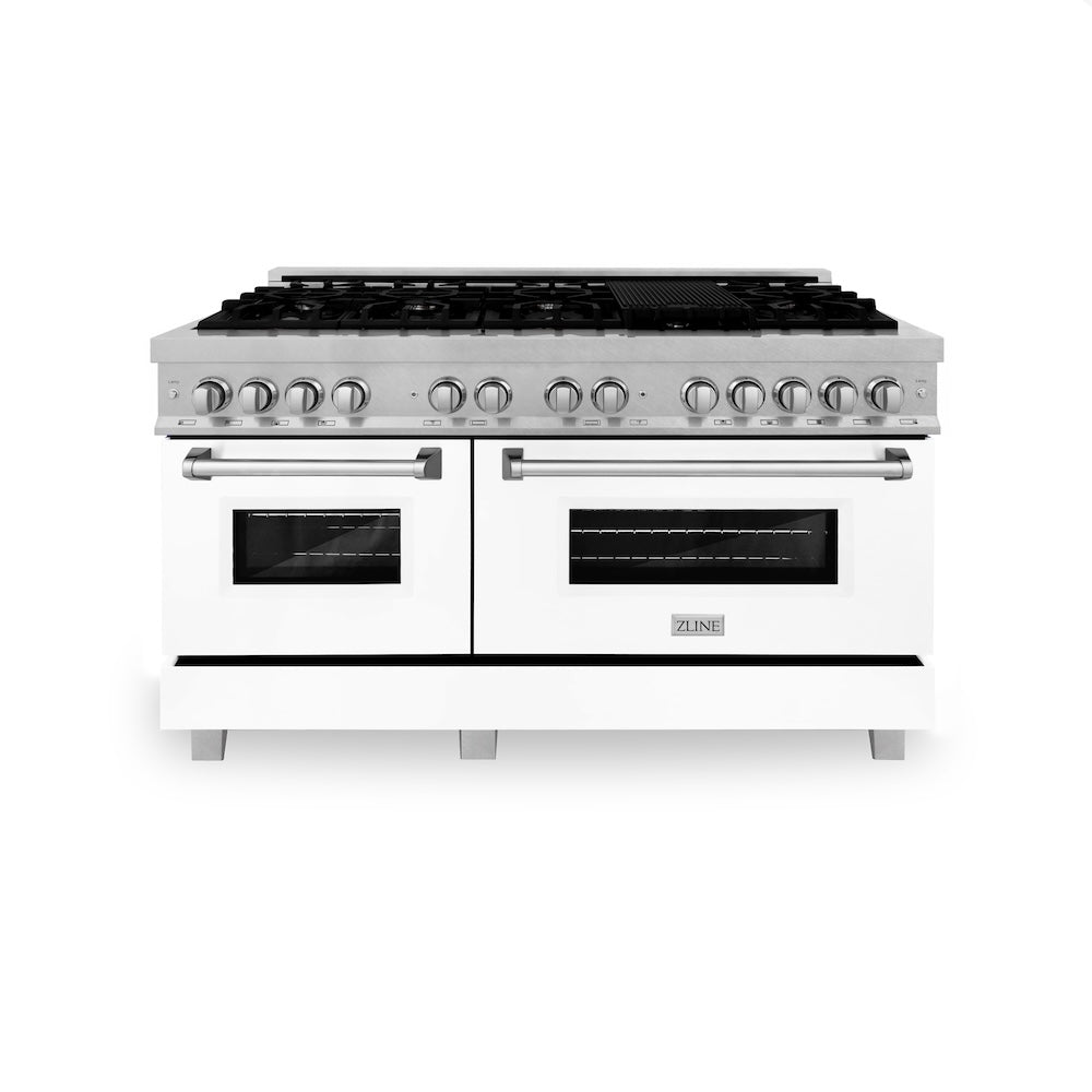 ZLINE Legacy 60-inch range in satin stainless steel with white matte door RAS-WM-60, front view
