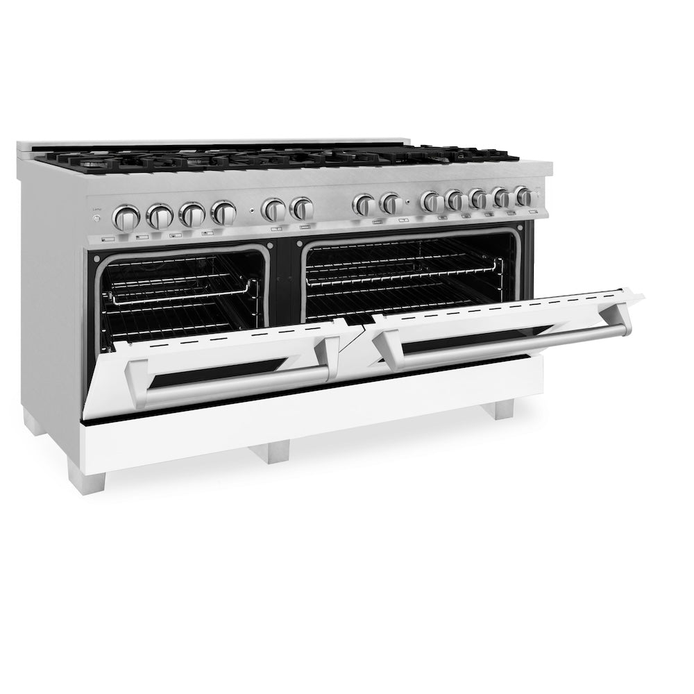ZLINE Legacy 60-inch range in satin stainless steel with white matte door RAS-WM-60, door open