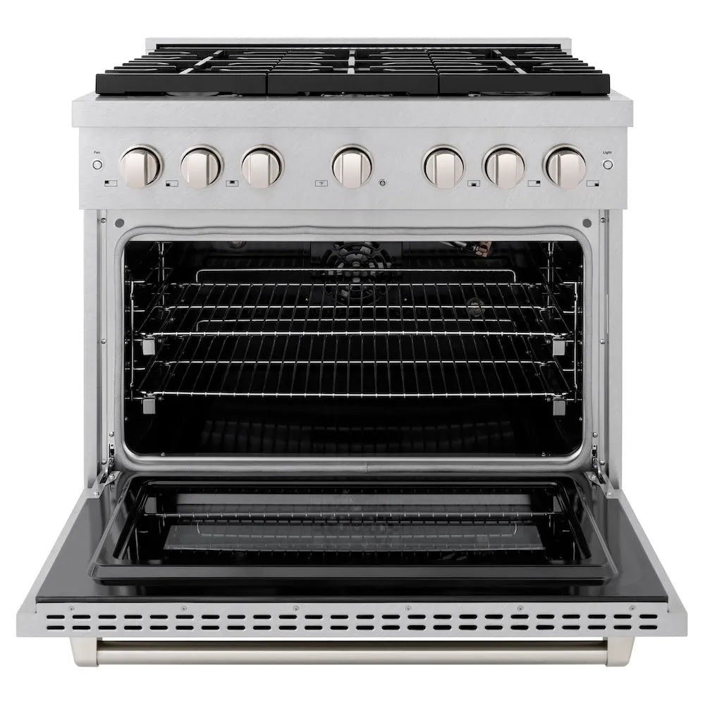 ZLINE Paramount 36-inch range in satin stainless steel SGRS-36, front view