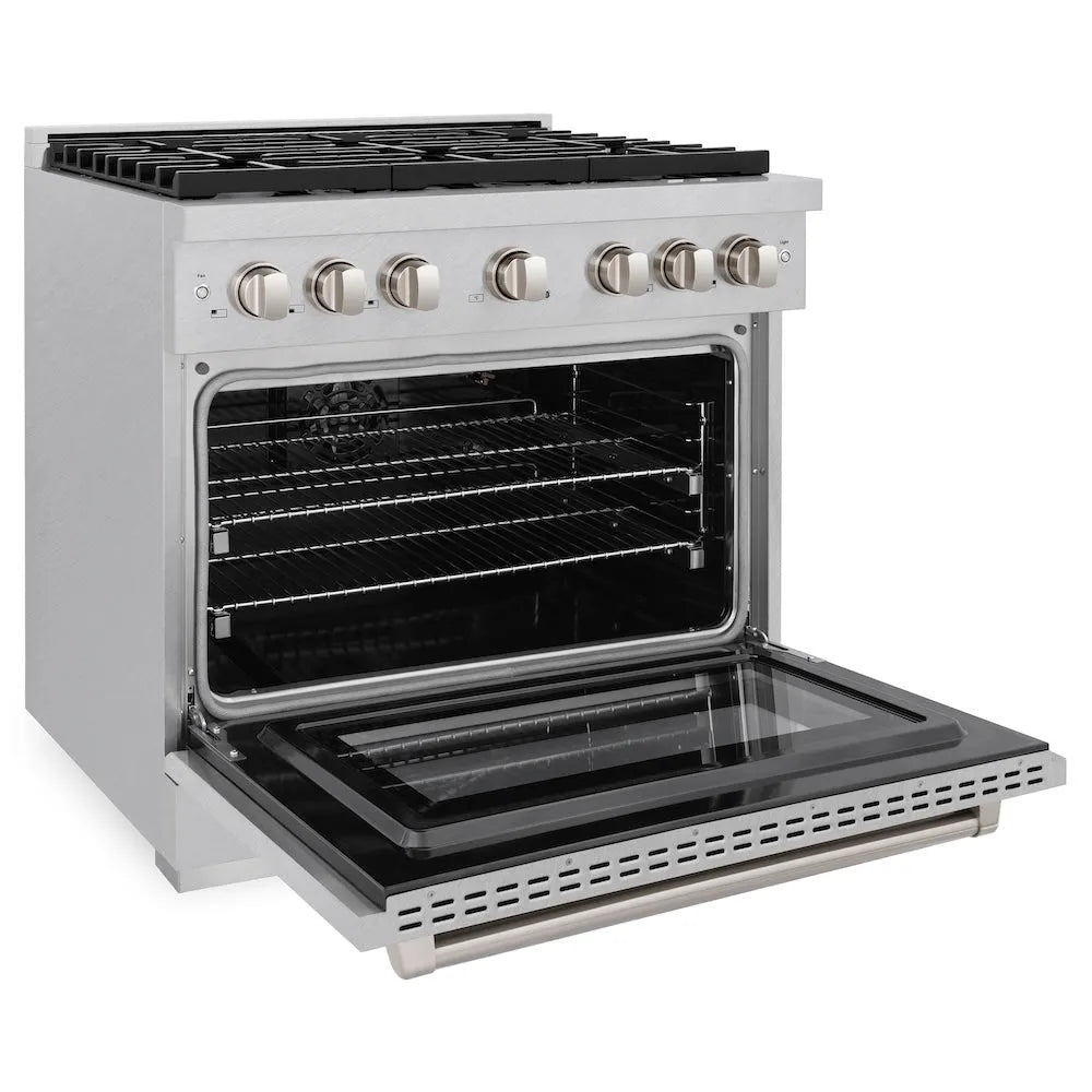 ZLINE Paramount 36-inch range in satin stainless steel SGRS-36, door open