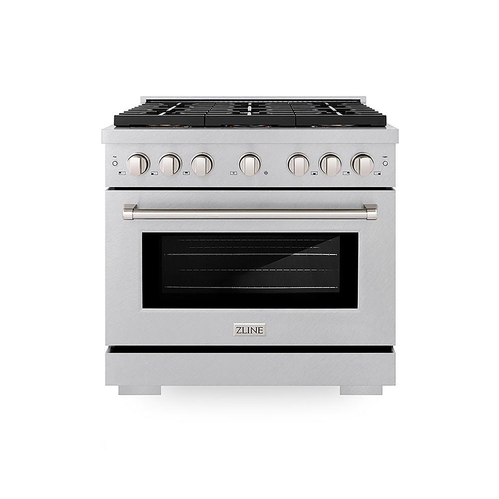 ZLINE Paramount 36-inch range in satin stainless steel PSGRS-36, front view