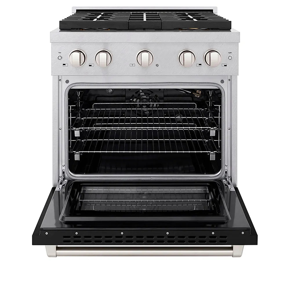 ZLINE Paramount 30-inch range in satin stainless steel with black matte door PSGRS-BLM-30, front view