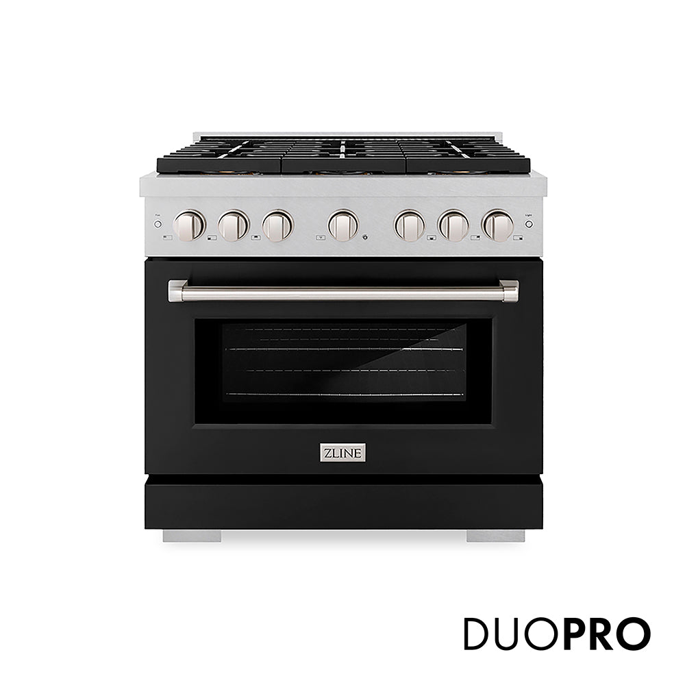 ZLINE Paramount 36-inch range in satin stainless steel with black matte door PSGRS-BLM-36