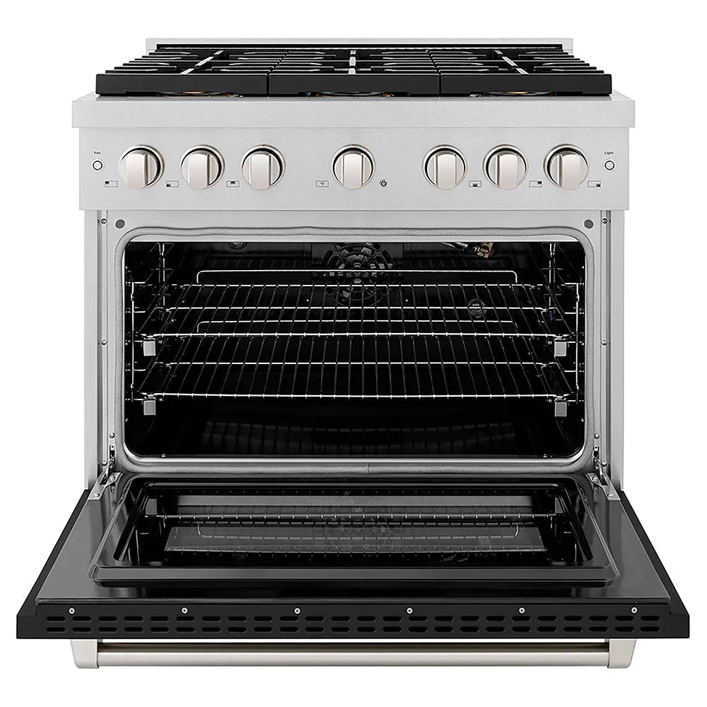 ZLINE Paramount 36-inch range in satin stainless steel with black matte door PSGRS-BLM-36, front view