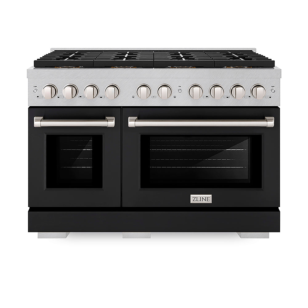 ZLINE Paramount 48-inch range in satin stainless steel with black matte door PSGRS-BLM-48, front view