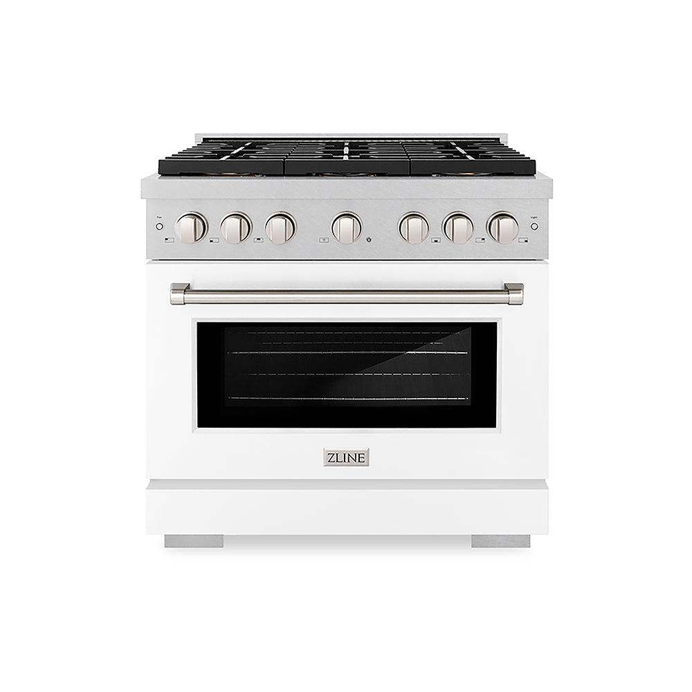 ZLINE Paramount 36-inch range in satin stainless steel with white matte door PSGRS-WM-36, front view