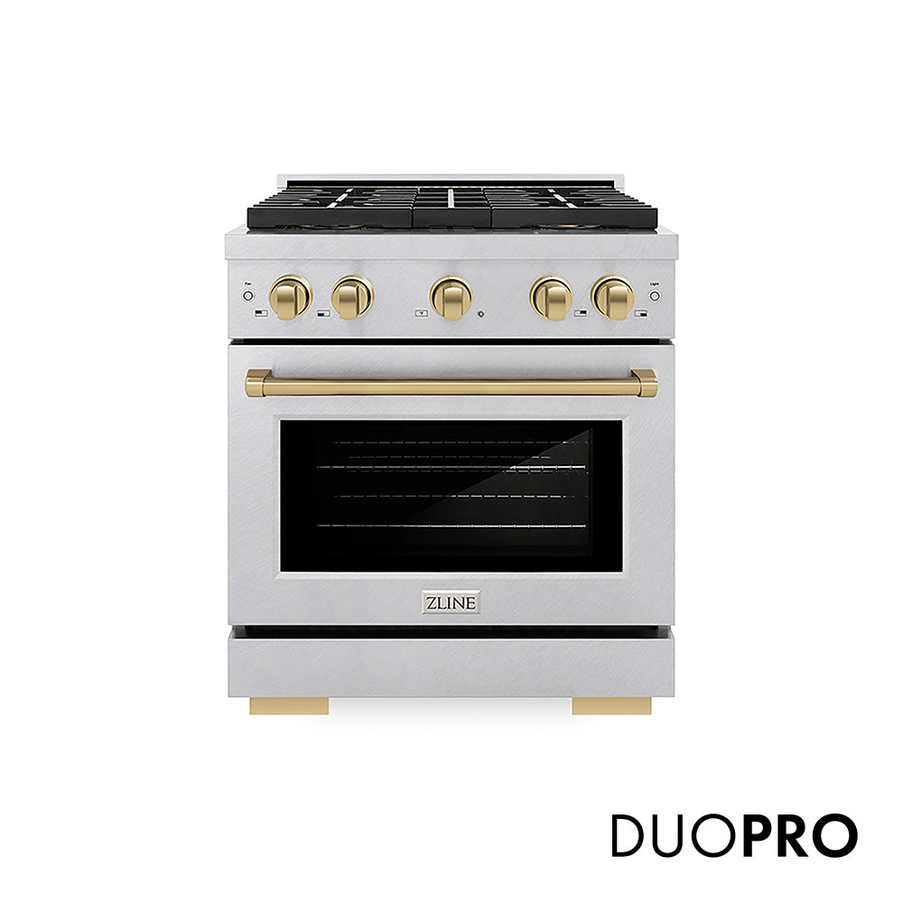 ZLINE Autograph Edition Paramount 30-inch range in satin stainless steel and champagne bronze accents PSGRSZ-30-CB