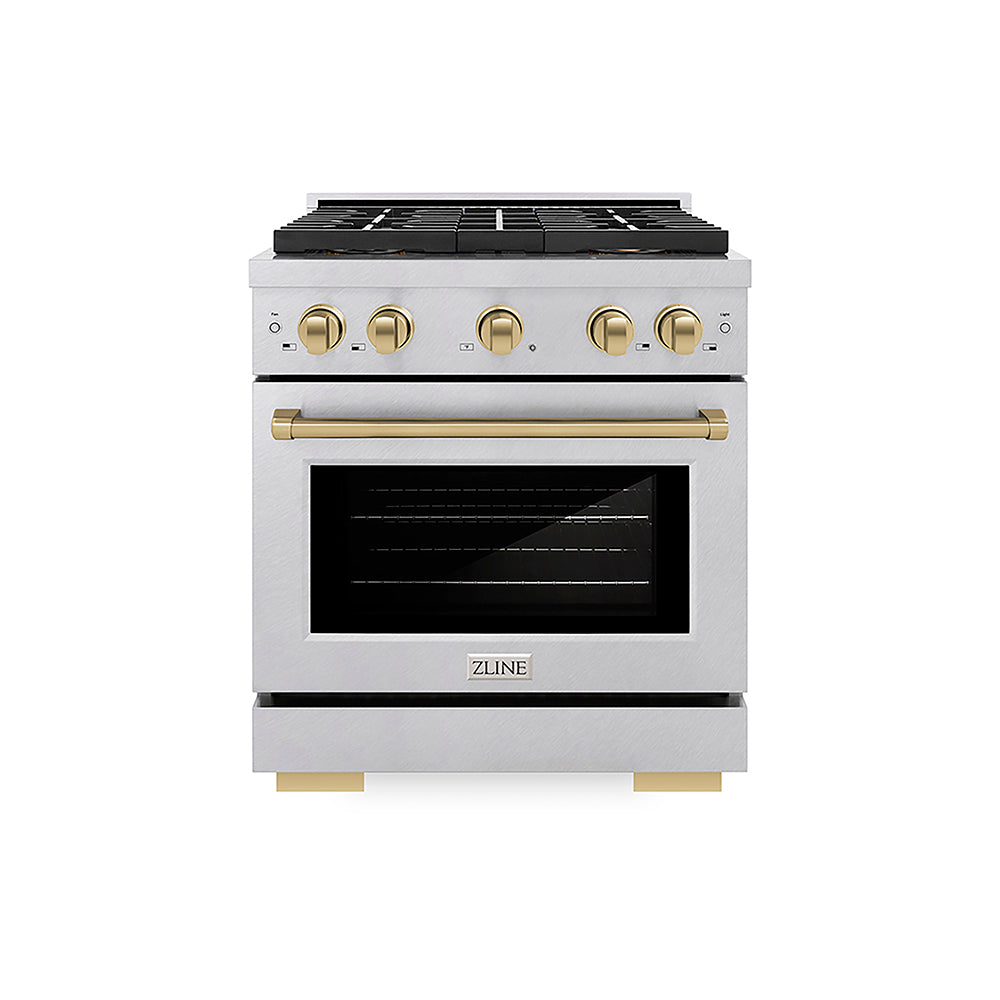 ZLINE Autograph Edition Paramount 30-inch range in satin stainless steel and champagne bronze accents PSGRSZ-30-CB, front view