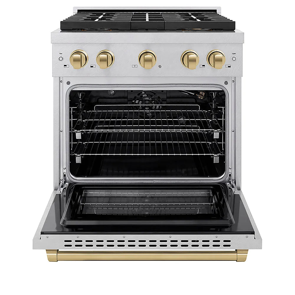 ZLINE Autograph Edition Paramount 30-inch range in satin stainless steel and champagne bronze accents PSGRSZ-30-CB, front view