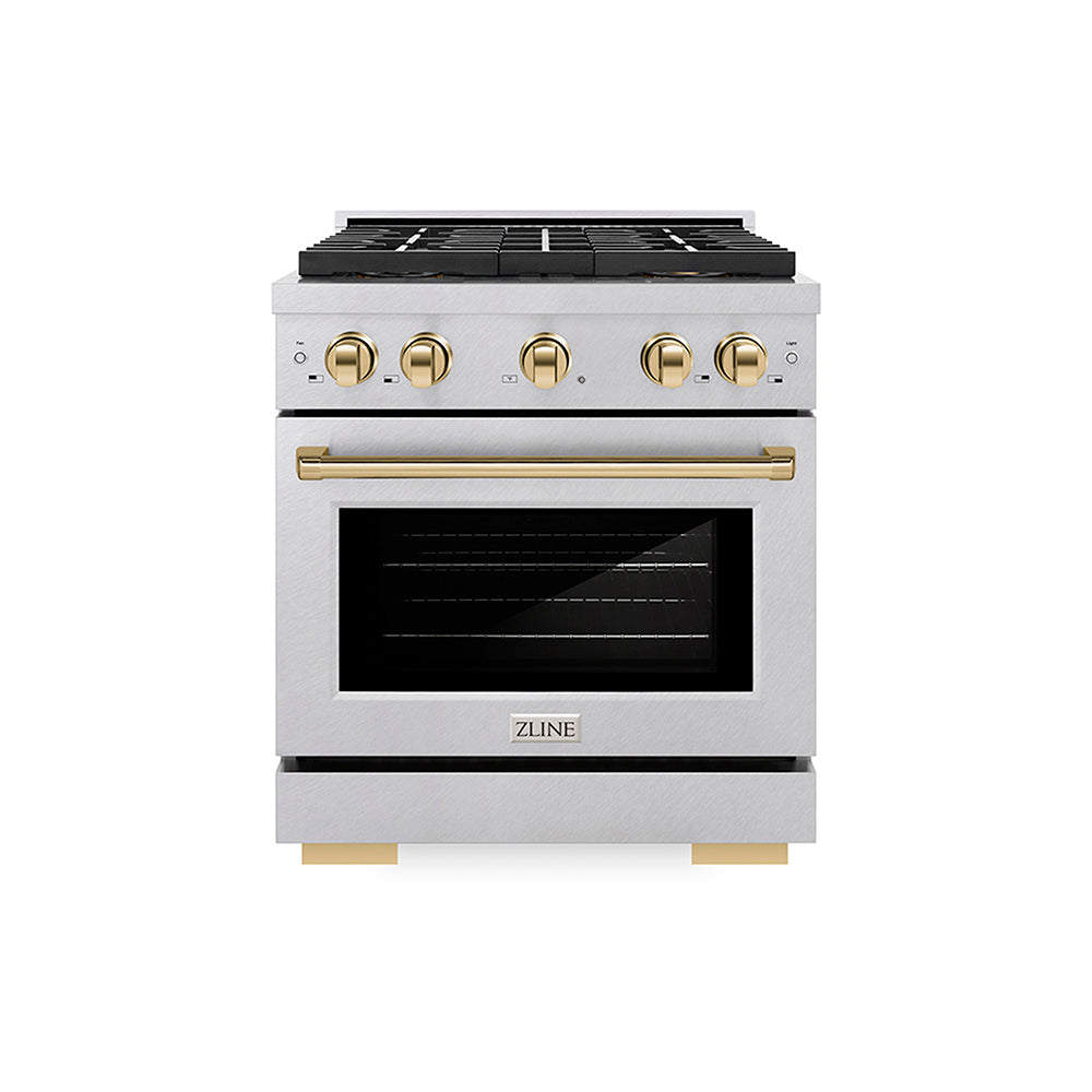 ZLINE Autograph Edition Paramount 30-inch range in satin stainless steel and polished gold accents PSGRSZ-30-G, front view