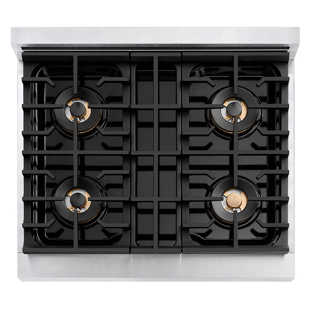 ZLINE Autograph Edition Paramount 30-inch range in satin stainless steel and polished gold accents PSGRSZ-30-G, front view
