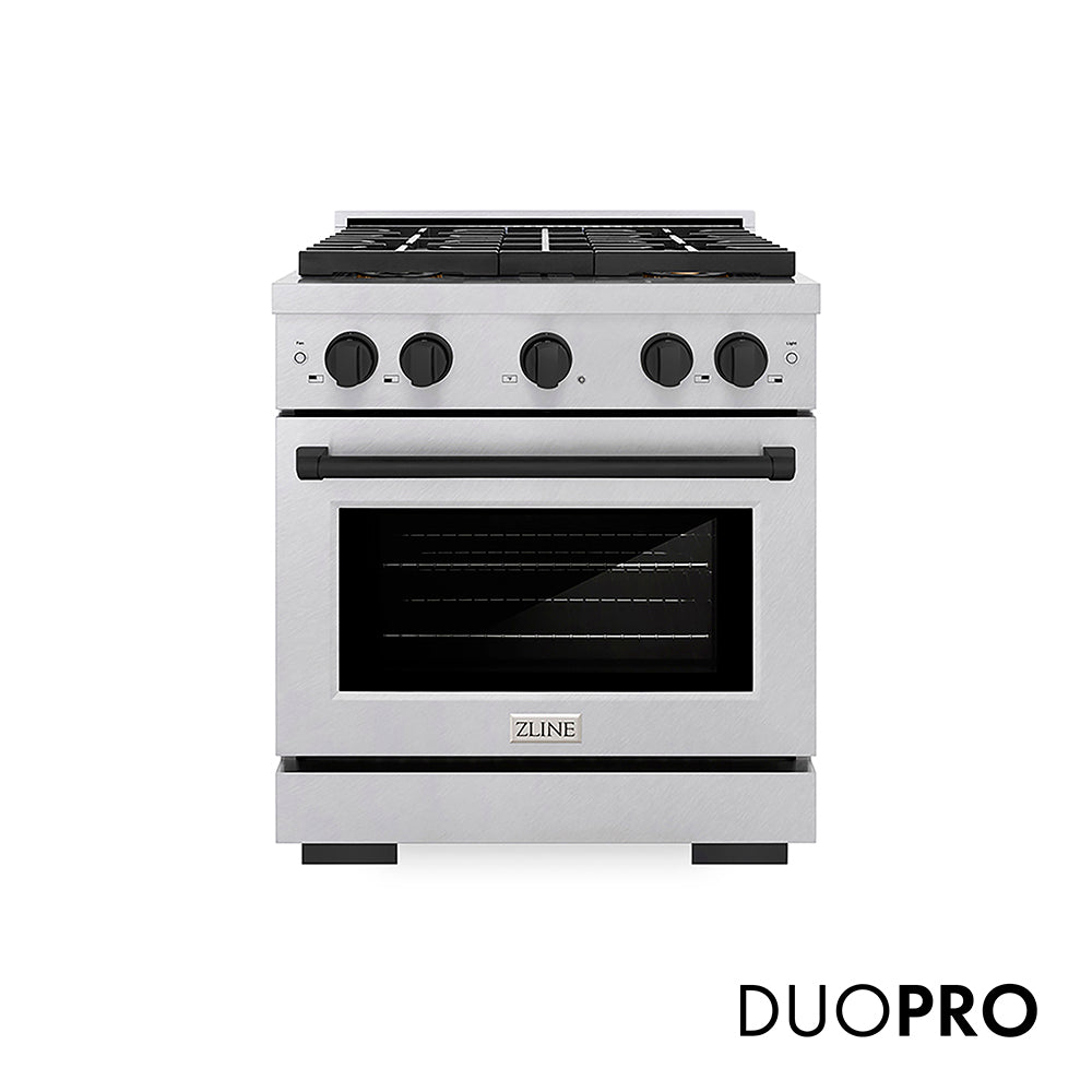 ZLINE Autograph Edition Paramount 30-inch range in satin stainless steel and matte black accents PSGRSZ-30-MB
