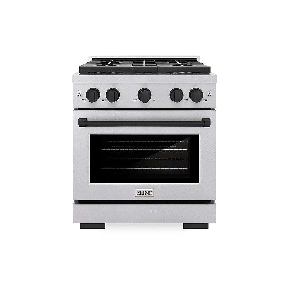 ZLINE Autograph Edition Paramount 30-inch range in satin stainless steel and matte black accents PSGRSZ-30-MB, front view