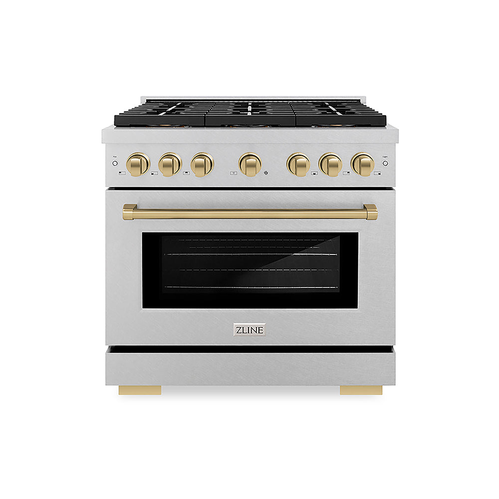 ZLINE Autograph Edition Paramount 36-inch range in satin stainless steel and champagne bronze accents PSGRSZ-36-CB, front view