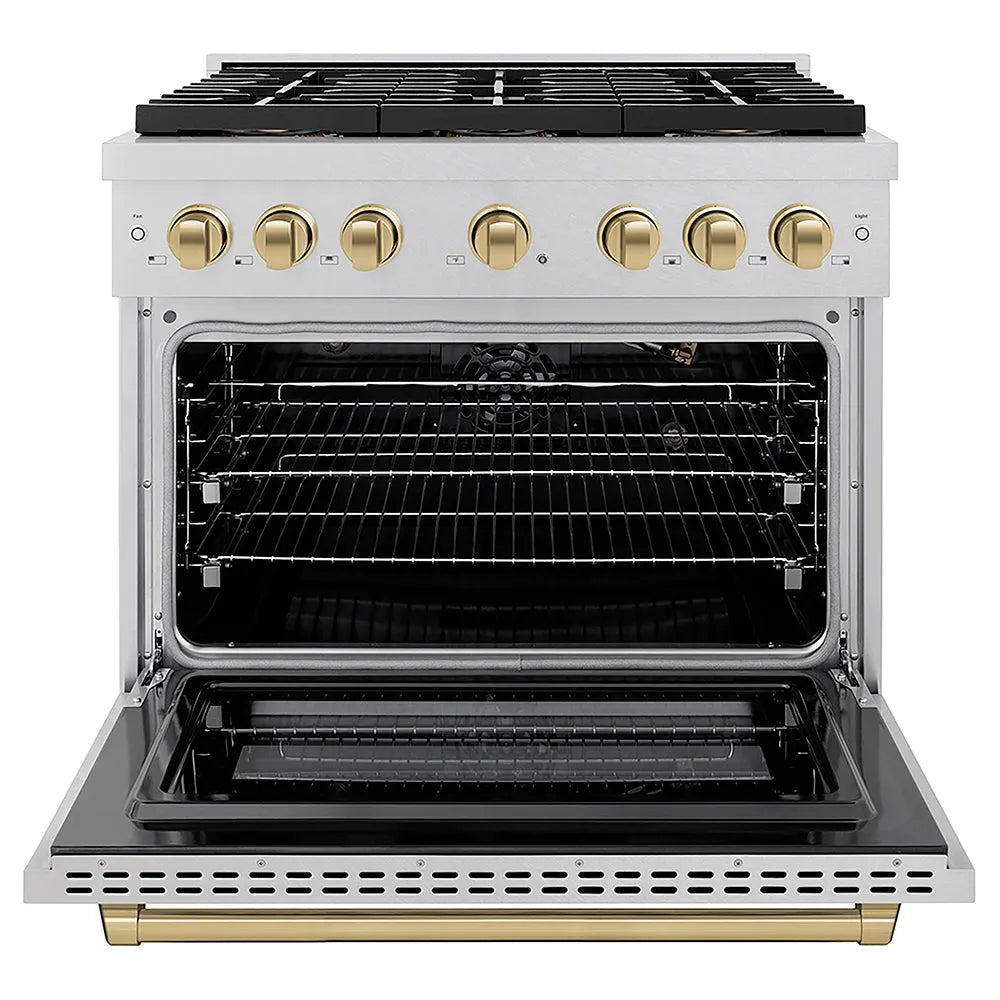 ZLINE Autograph Edition Paramount 36-inch range in satin stainless steel and champagne bronze accents PSGRSZ-36-CB, front view