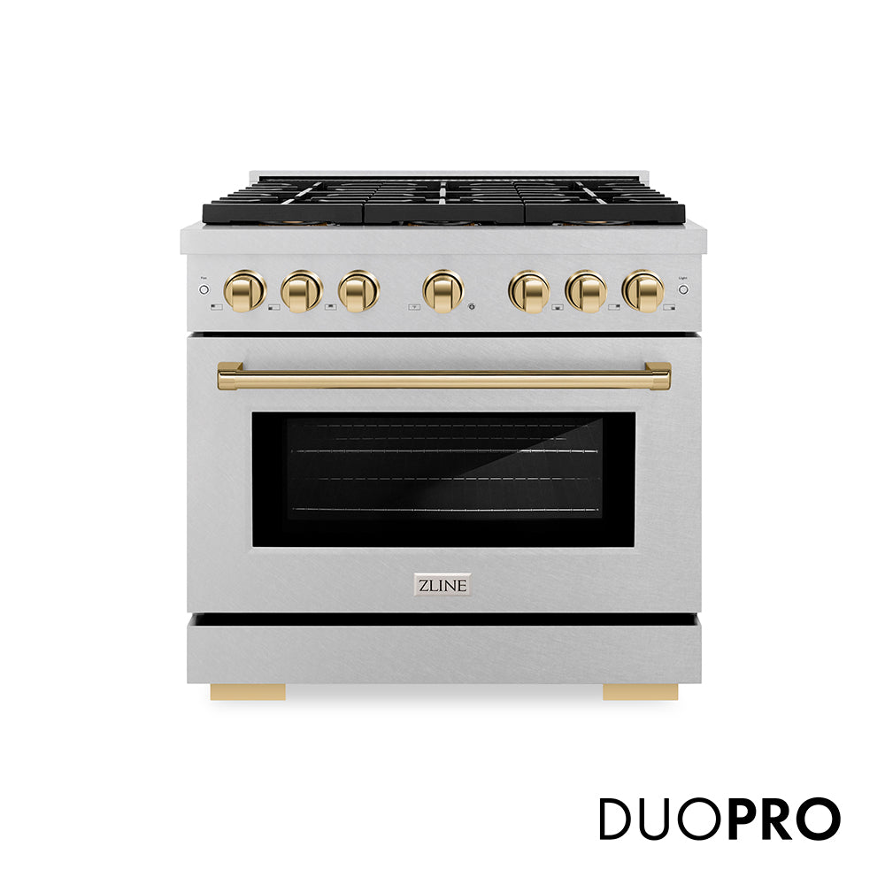 ZLINE Autograph Edition Paramount 36-inch range in satin stainless steel and polished gold accents PSGRSZ-36-G