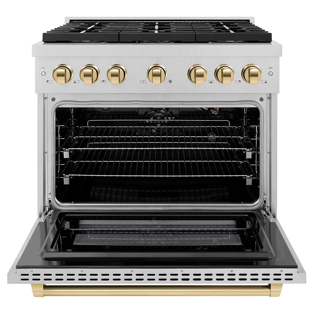 ZLINE Autograph Edition Paramount 36-inch range in satin stainless steel and polished gold accents PSGRSZ-36-G, front view