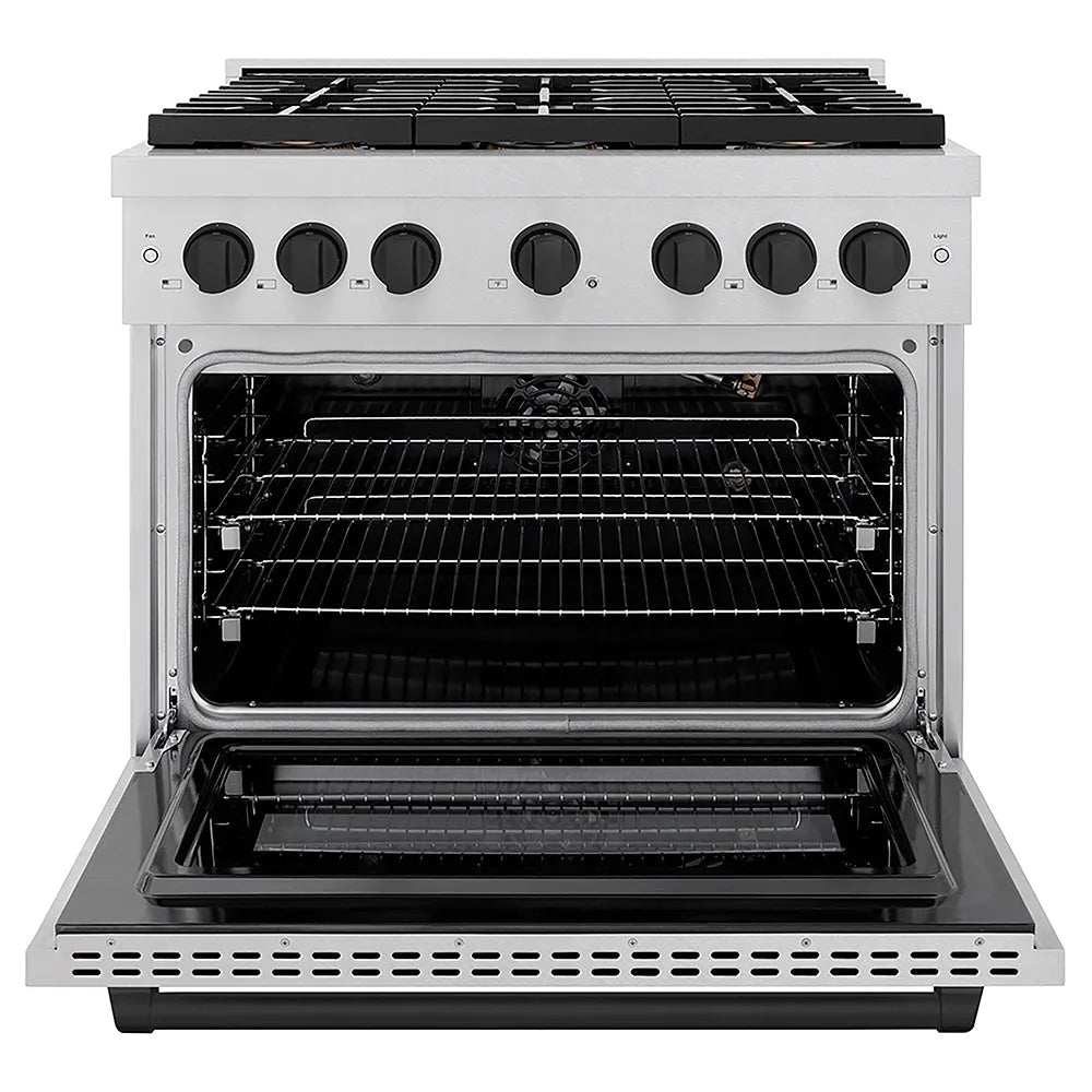 ZLINE Autograph Edition Paramount 36-inch range in satin stainless steel and matte black accents PSGRSZ-36-MB, front view