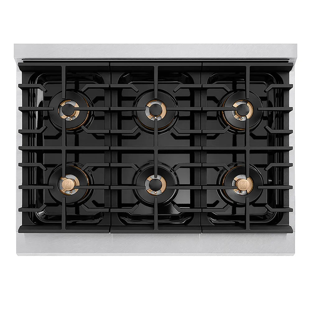 ZLINE Autograph Edition Paramount 36-inch range in satin stainless steel and matte black accents PSGRSZ-36-MB, from above