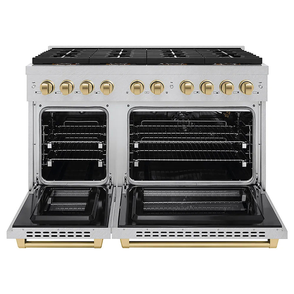 ZLINE Autograph Edition Paramount 48-inch range in satin stainless steel and champagne bronze accents PSGRSZ-48-CB, front view